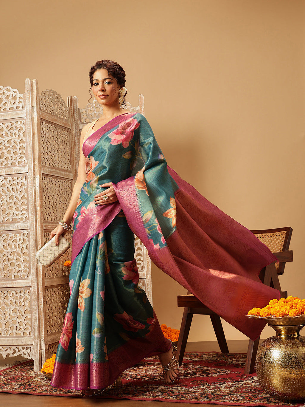 Hiral Fashion Teal Banarasi Tissue Silk Floral Digital Printed Saree