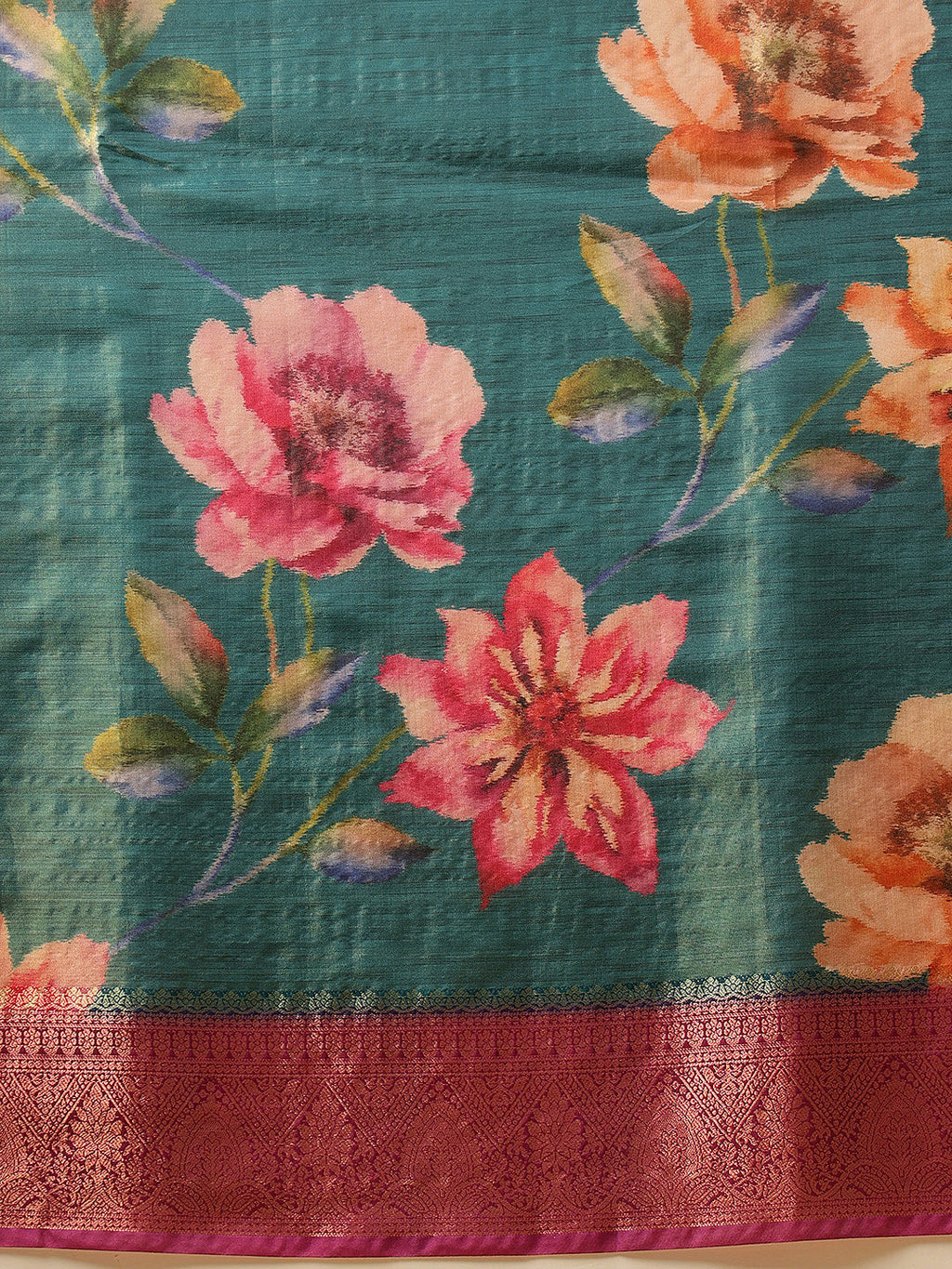 Hiral Fashion Teal Banarasi Tissue Silk Floral Digital Printed Saree