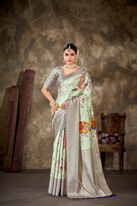 Green Art Silk Printed Floral Saree with Unstitched Blouse - Hiral Fashion