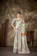 Green Art Silk Printed Floral Saree with Unstitched Blouse - Hiral Fashion