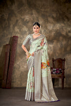 Green Art Silk Printed Floral Saree with Unstitched Blouse - Hiral Fashion