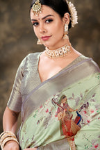 Green Art Silk Printed Floral Saree with Unstitched Blouse - Hiral Fashion
