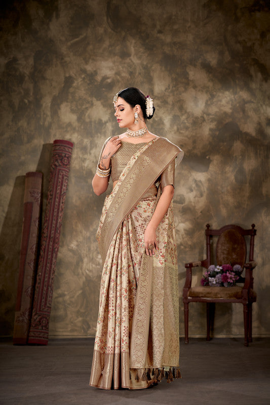 Beige Art Silk Printed Floral Saree with Unstitched Blouse - Hiral Fashion