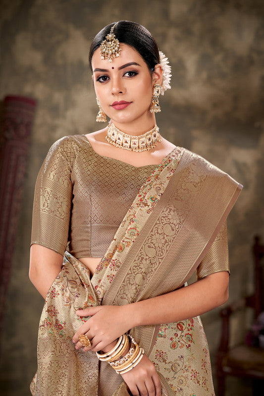 Beige Art Silk Printed Floral Saree with Unstitched Blouse - Hiral Fashion
