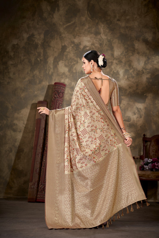 Beige Art Silk Printed Floral Saree with Unstitched Blouse - Hiral Fashion