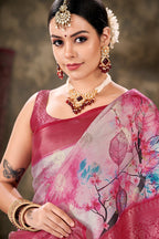 Pink Art Silk Printed Floral Saree with Unstitched Blouse - Hiral Fashion