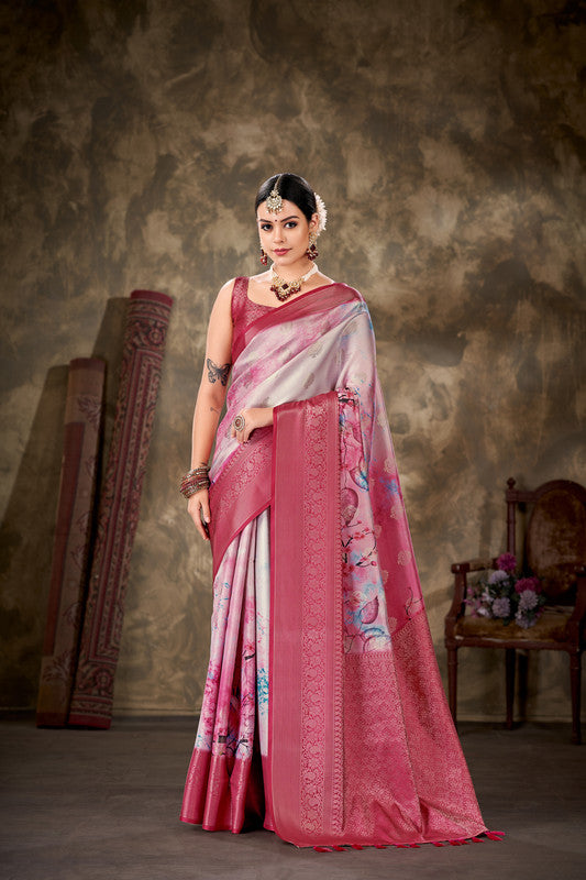 Pink Art Silk Printed Floral Saree with Unstitched Blouse - Hiral Fashion