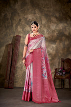 Pink Art Silk Printed Floral Saree with Unstitched Blouse - Hiral Fashion