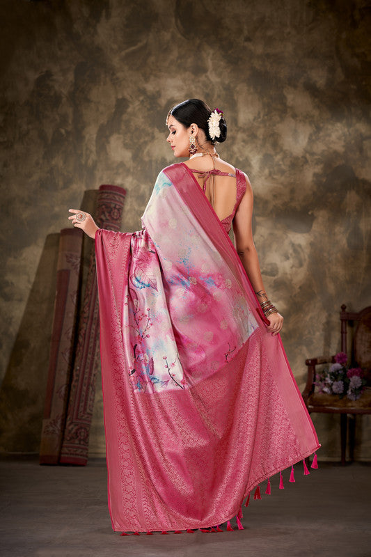 Pink Art Silk Printed Floral Saree with Unstitched Blouse - Hiral Fashion