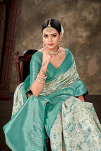 Turquoise Art Silk Printed Floral Saree with Unstitched Blouse - Hiral Fashion