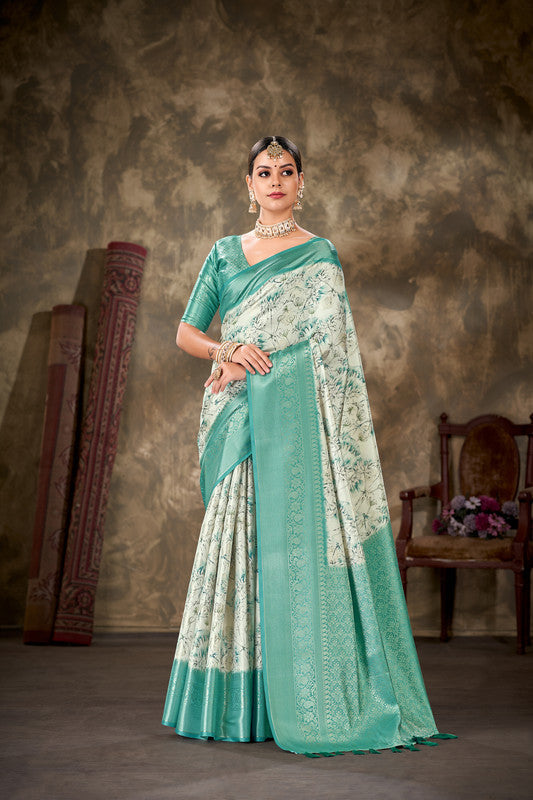 Turquoise Art Silk Printed Floral Saree with Unstitched Blouse - Hiral Fashion