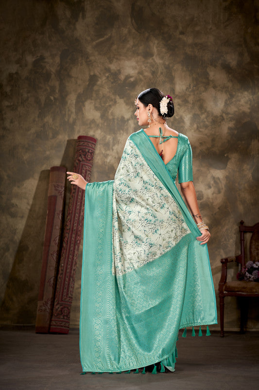 Turquoise Art Silk Printed Floral Saree with Unstitched Blouse - Hiral Fashion