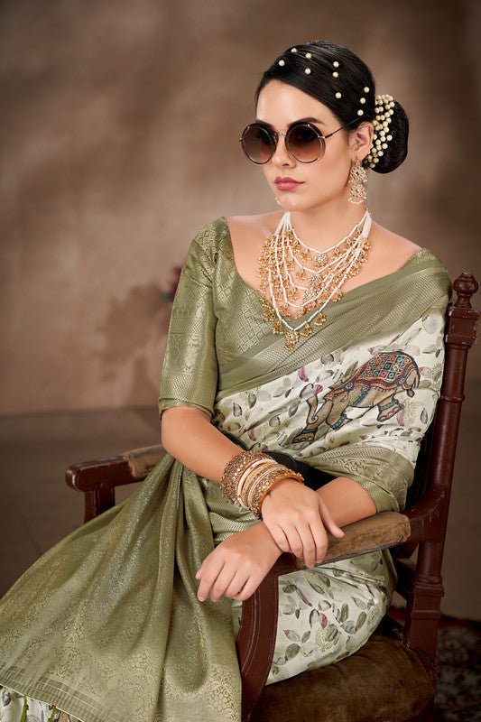 Olive Art Silk Printed Floral Saree with Unstitched Blouse - Hiral Fashion