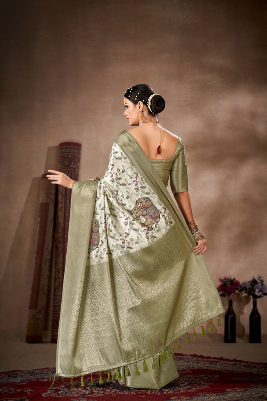 Olive Art Silk Printed Floral Saree with Unstitched Blouse - Hiral Fashion