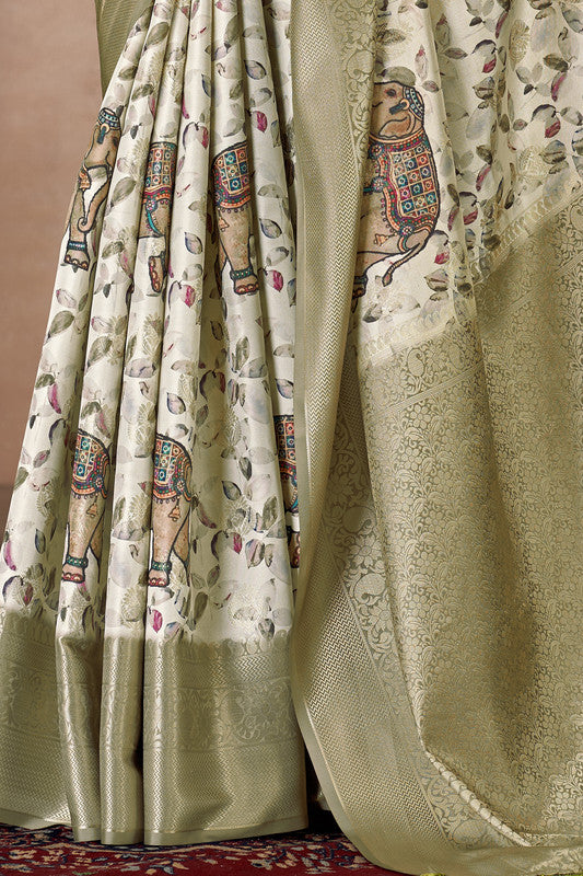 Olive Art Silk Printed Floral Saree with Unstitched Blouse - Hiral Fashion