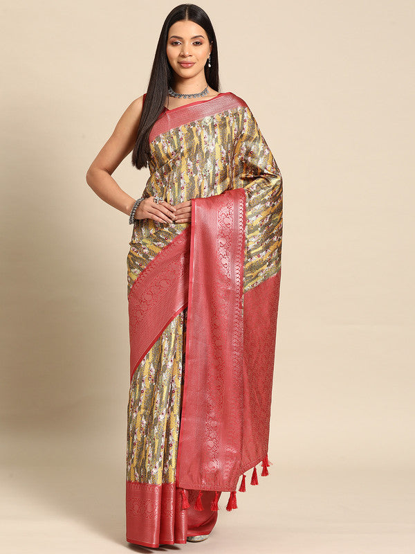 Multicolor Art Silk Woven Zari Design Floral Saree with Unstitched Blouse - Hiral Fashion