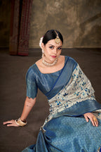 Blue Art Silk Printed Floral Saree with Unstitched Blouse - Hiral Fashion