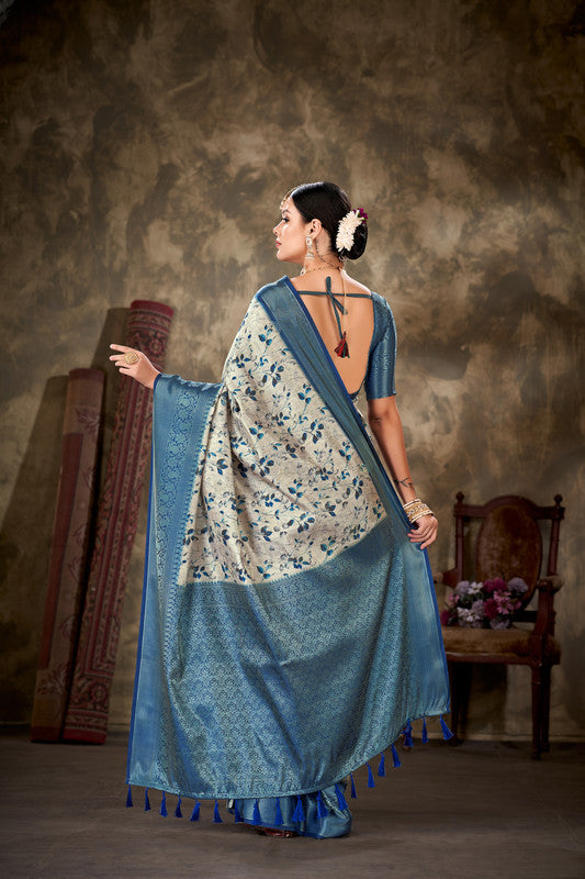 Blue Art Silk Printed Floral Saree with Unstitched Blouse - Hiral Fashion