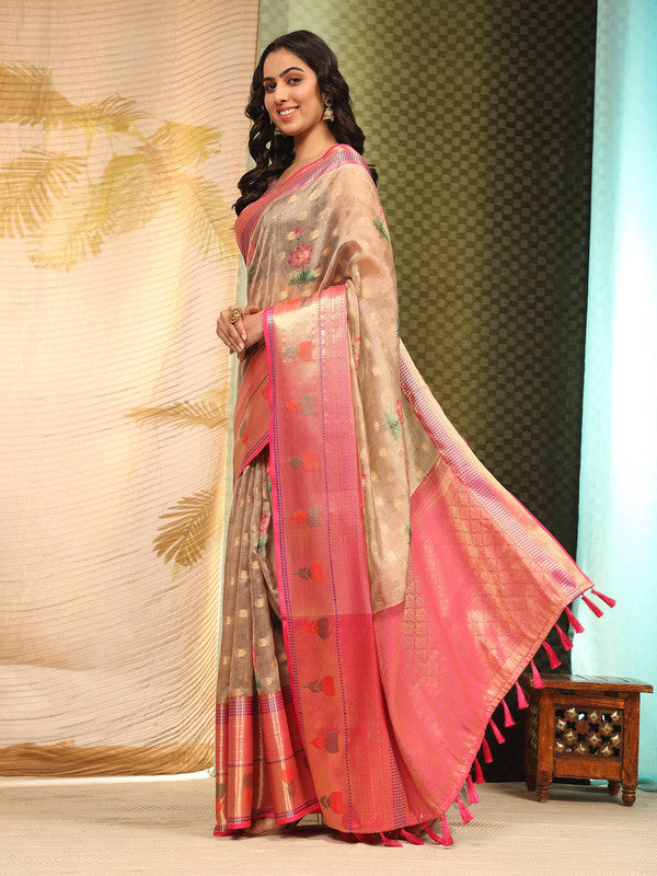 Beige Art Silk Digital Print Floral Saree with Unstitched Blouse - Hiral Fashion