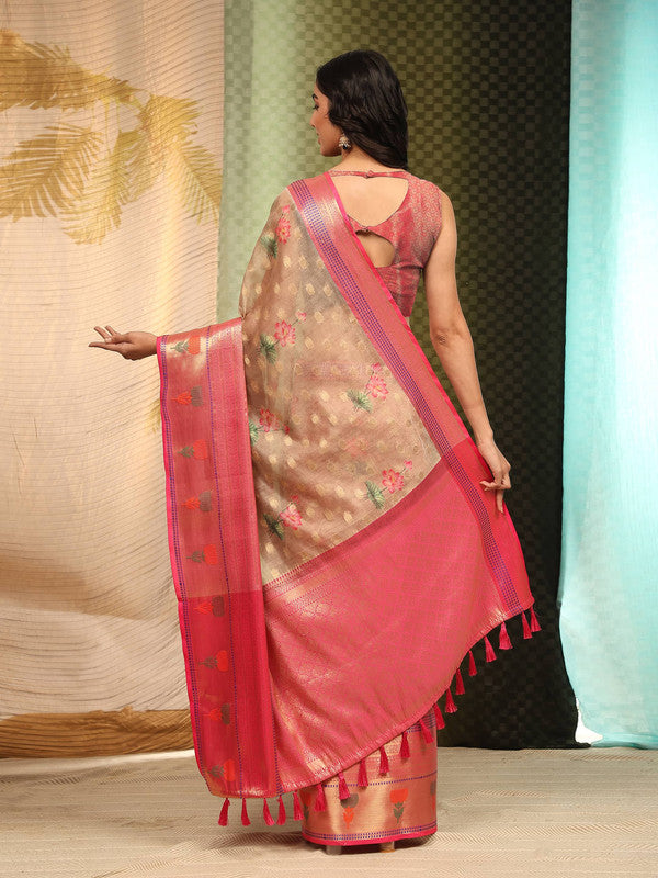 Beige Art Silk Digital Print Floral Saree with Unstitched Blouse - Hiral Fashion