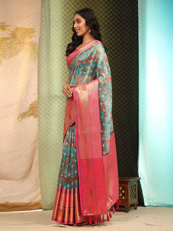 Blue Art Silk Digital Print Floral Saree with Unstitched Blouse - Hiral Fashion