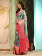 Blue Art Silk Digital Print Floral Saree with Unstitched Blouse - Hiral Fashion