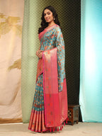 Blue Art Silk Digital Print Floral Saree with Unstitched Blouse - Hiral Fashion
