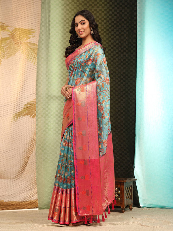 Blue Art Silk Digital Print Floral Saree with Unstitched Blouse - Hiral Fashion