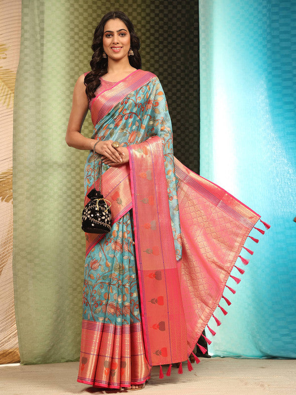 Blue Art Silk Digital Print Floral Saree with Unstitched Blouse - Hiral Fashion