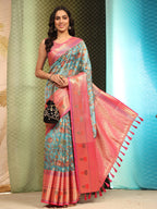 Blue Art Silk Digital Print Floral Saree with Unstitched Blouse - Hiral Fashion