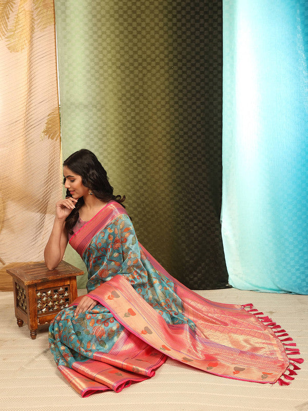 Blue Art Silk Digital Print Floral Saree with Unstitched Blouse - Hiral Fashion