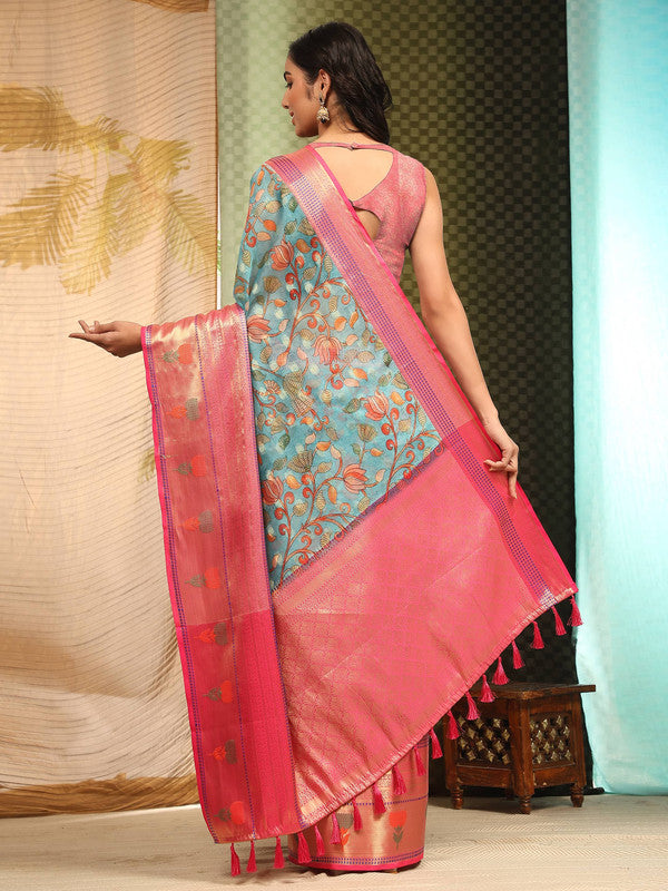 Blue Art Silk Digital Print Floral Saree with Unstitched Blouse - Hiral Fashion