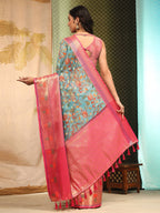 Blue Art Silk Digital Print Floral Saree with Unstitched Blouse - Hiral Fashion