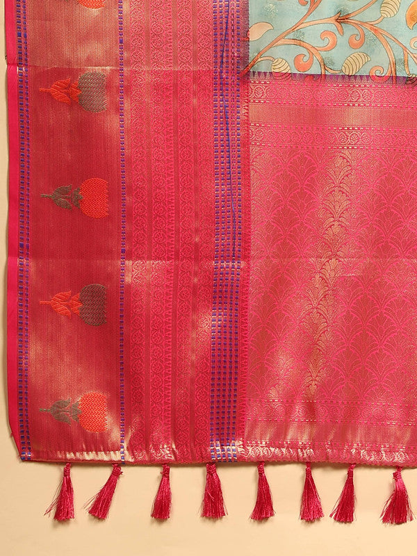 Blue Art Silk Digital Print Floral Saree with Unstitched Blouse - Hiral Fashion