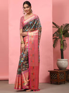 Brown Art Silk Digital Print Floral Saree with Unstitched Blouse - Hiral Fashion