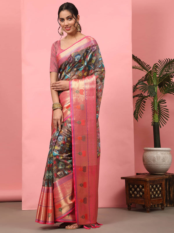 Brown Art Silk Digital Print Floral Saree with Unstitched Blouse - Hiral Fashion