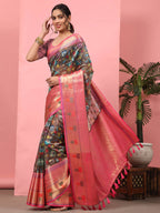 Brown Art Silk Digital Print Floral Saree with Unstitched Blouse - Hiral Fashion