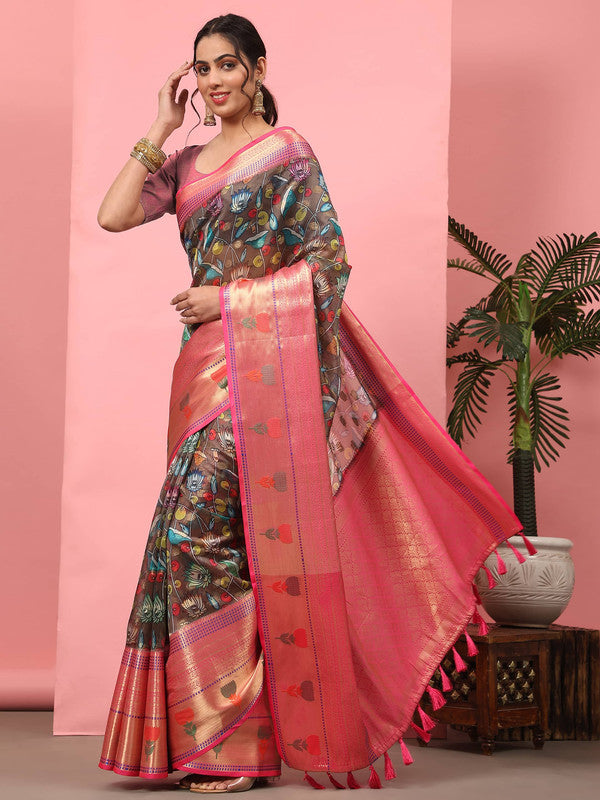 Brown Art Silk Digital Print Floral Saree with Unstitched Blouse - Hiral Fashion