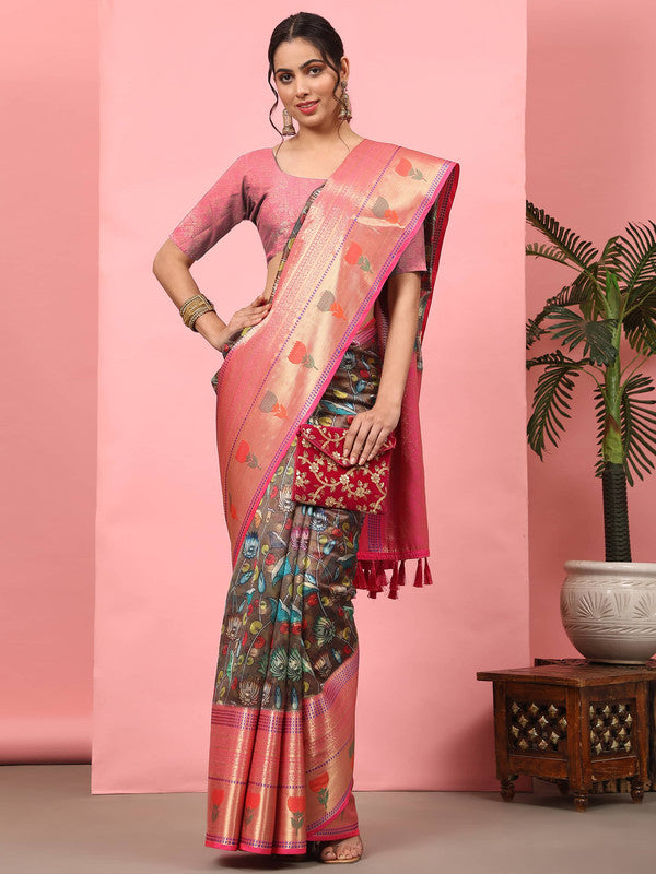 Brown Art Silk Digital Print Floral Saree with Unstitched Blouse - Hiral Fashion