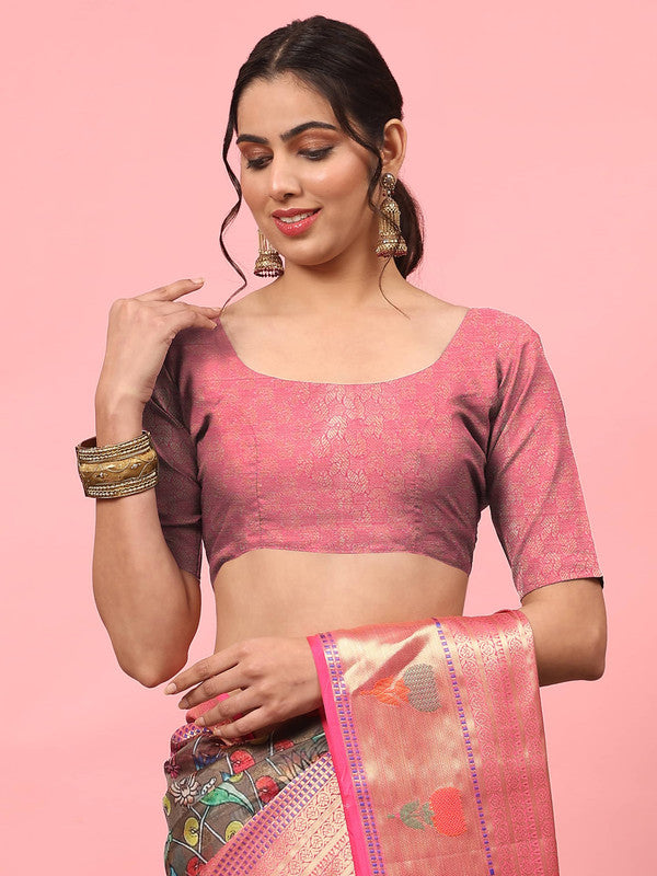 Brown Art Silk Digital Print Floral Saree with Unstitched Blouse - Hiral Fashion