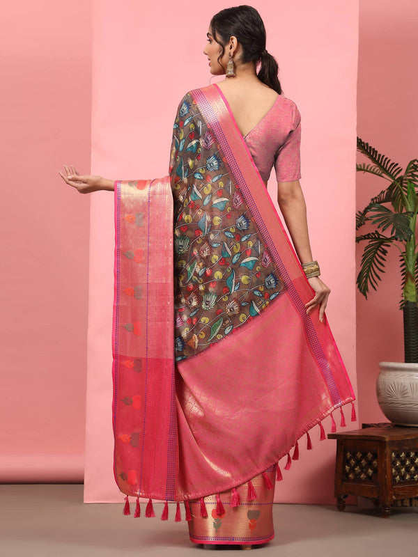 Brown Art Silk Digital Print Floral Saree with Unstitched Blouse - Hiral Fashion