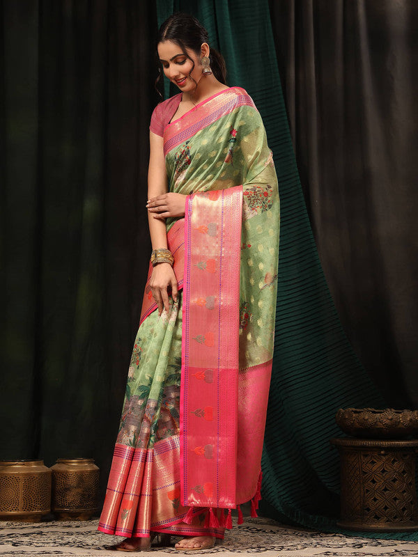 Green Art Silk Digital Print Floral Saree with Unstitched Blouse - Hiral Fashion