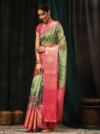 Green Art Silk Digital Print Floral Saree with Unstitched Blouse - Hiral Fashion