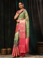 Green Art Silk Digital Print Floral Saree with Unstitched Blouse - Hiral Fashion