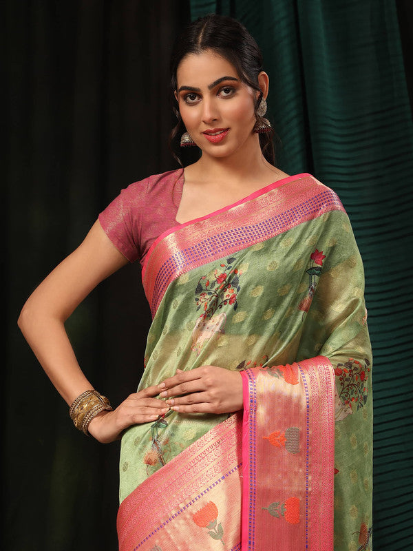 Green Art Silk Digital Print Floral Saree with Unstitched Blouse - Hiral Fashion
