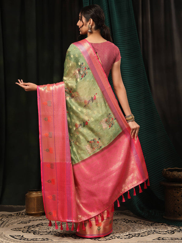 Green Art Silk Digital Print Floral Saree with Unstitched Blouse - Hiral Fashion