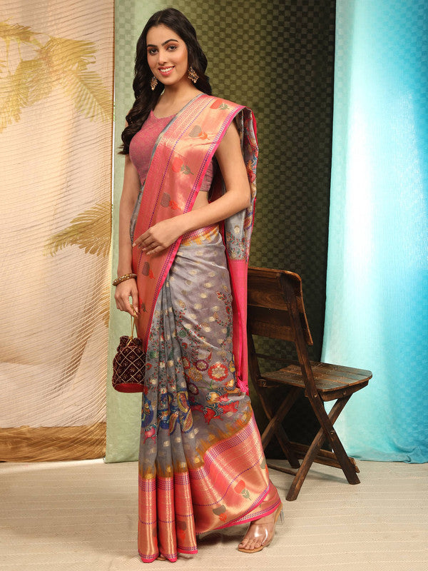 Gray Art Silk Digital Print Floral Saree with Unstitched Blouse - Hiral Fashion