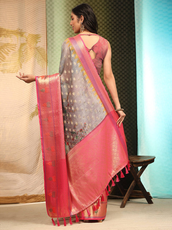 Gray Art Silk Digital Print Floral Saree with Unstitched Blouse - Hiral Fashion