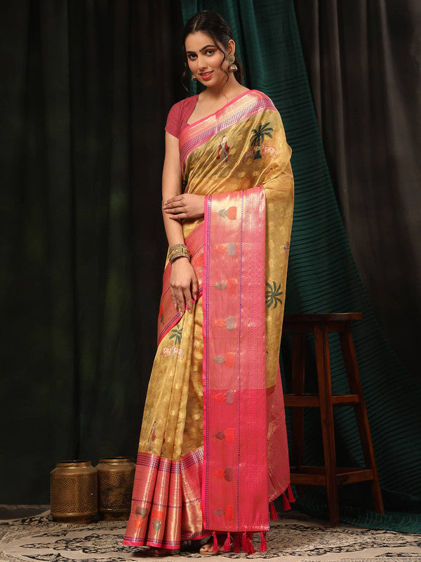 Mustard Art Silk Digital Print Floral Saree with Unstitched Blouse - Hiral Fashion