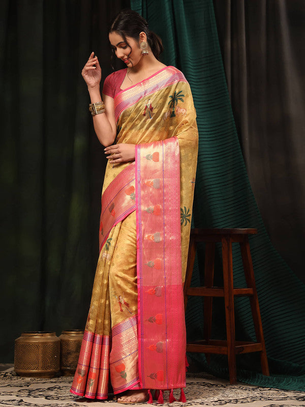 Mustard Art Silk Digital Print Floral Saree with Unstitched Blouse - Hiral Fashion